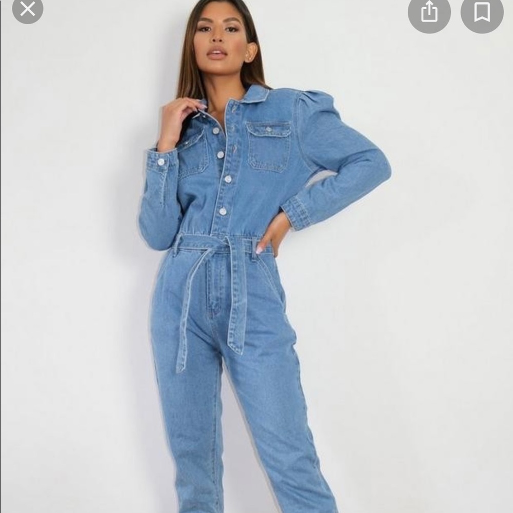 Missguided Blue Puff Sleeve Denim Jumpsuit